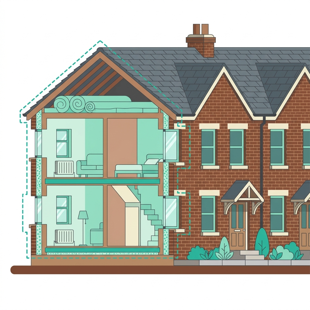Illustration showing insulation layers and thermal performance details in a building wall