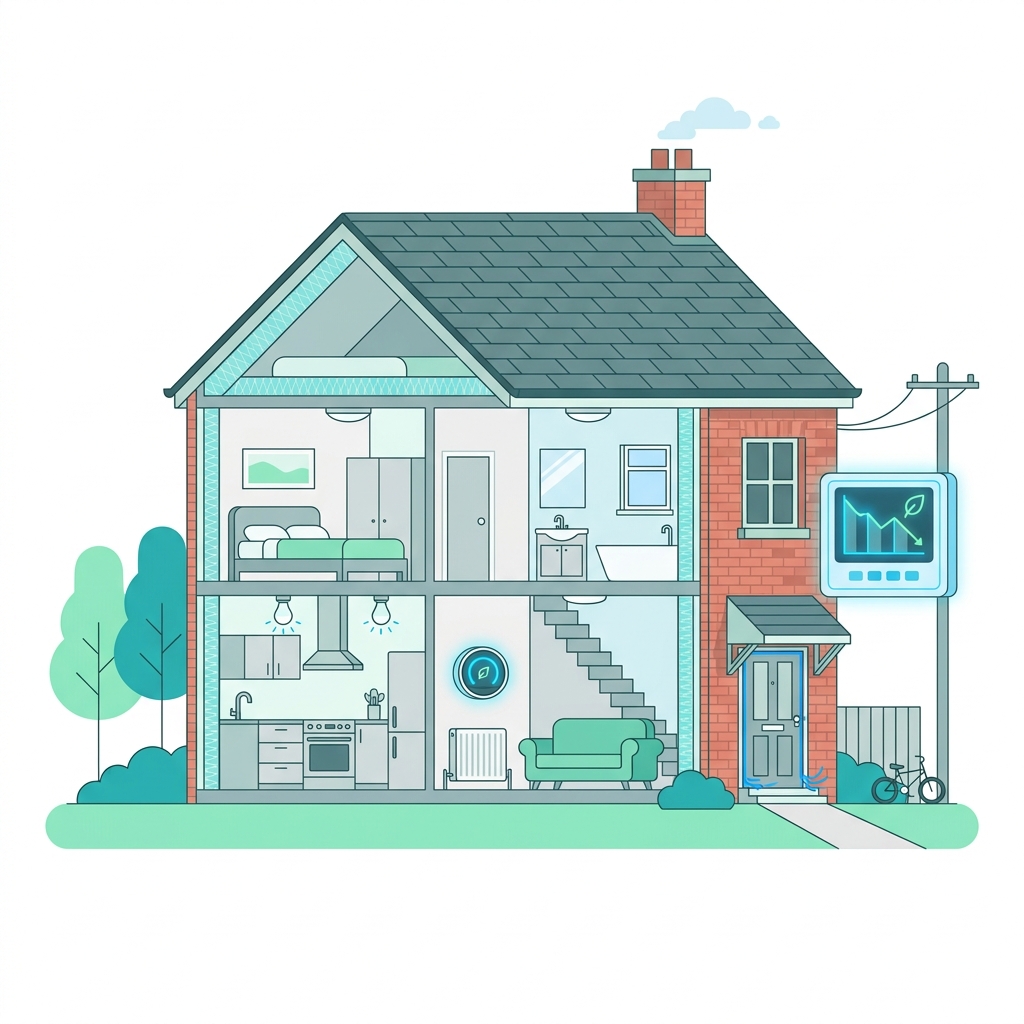 Illustration of efficient lighting, smart controls, and household energy monitoring