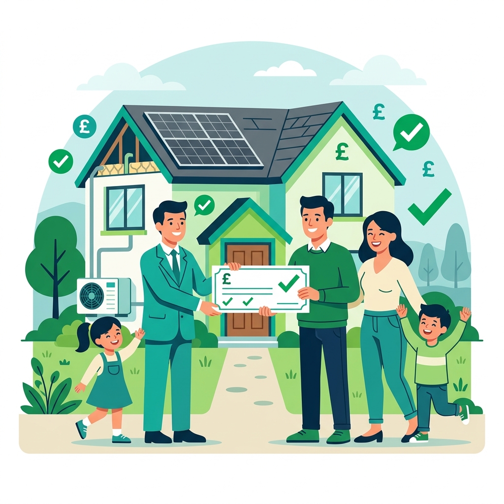 Illustration of a family checking grant options for a home energy upgrade