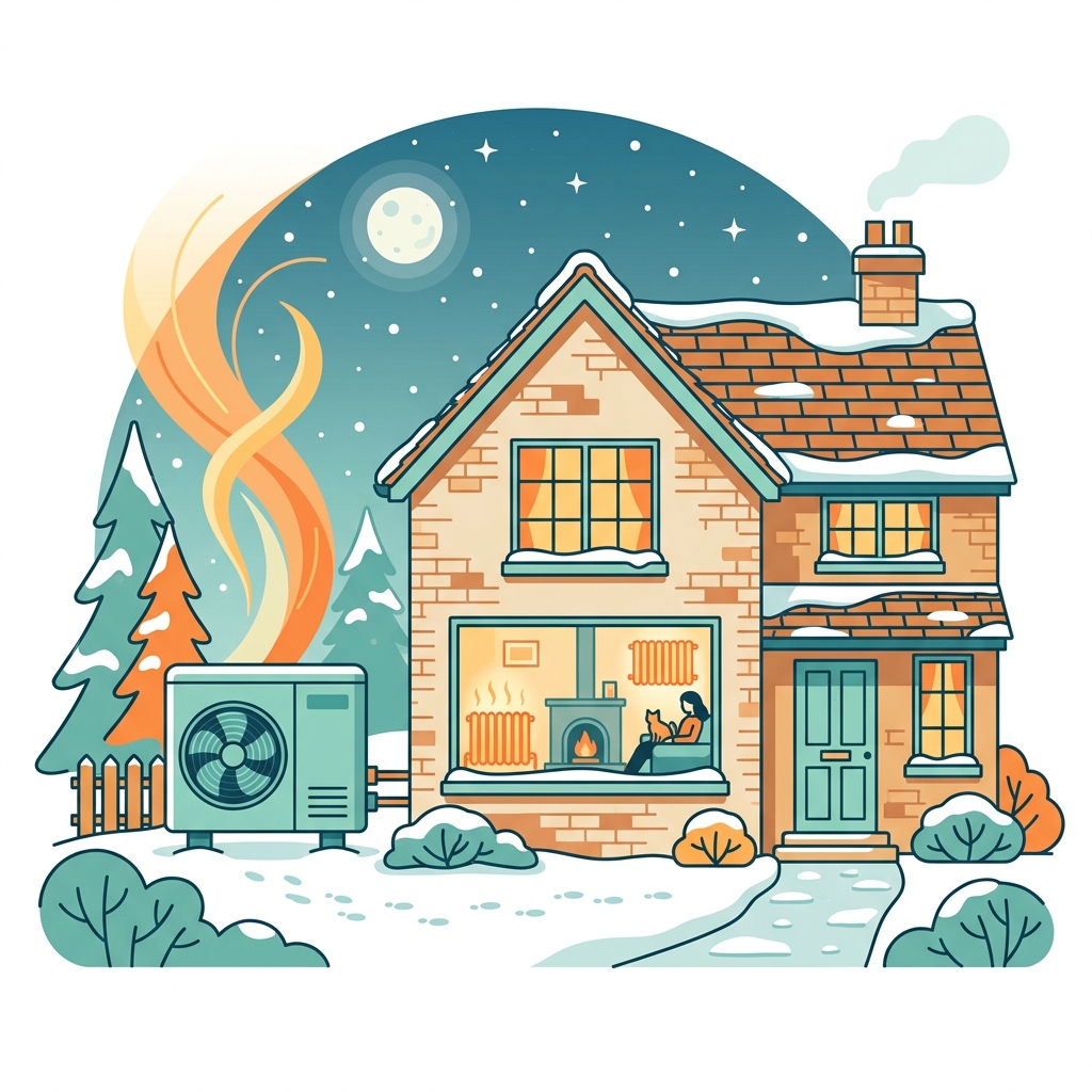 Illustration of a British home with low-carbon heating and radiators