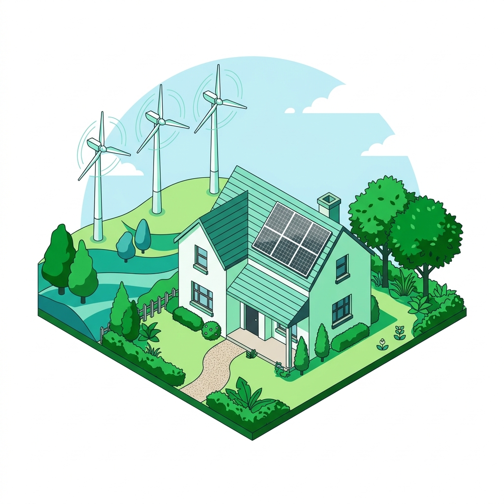 Illustration of a low-carbon home with solar panels and landscaping