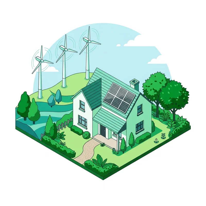 Illustration of a low-carbon home with solar panels and landscaping