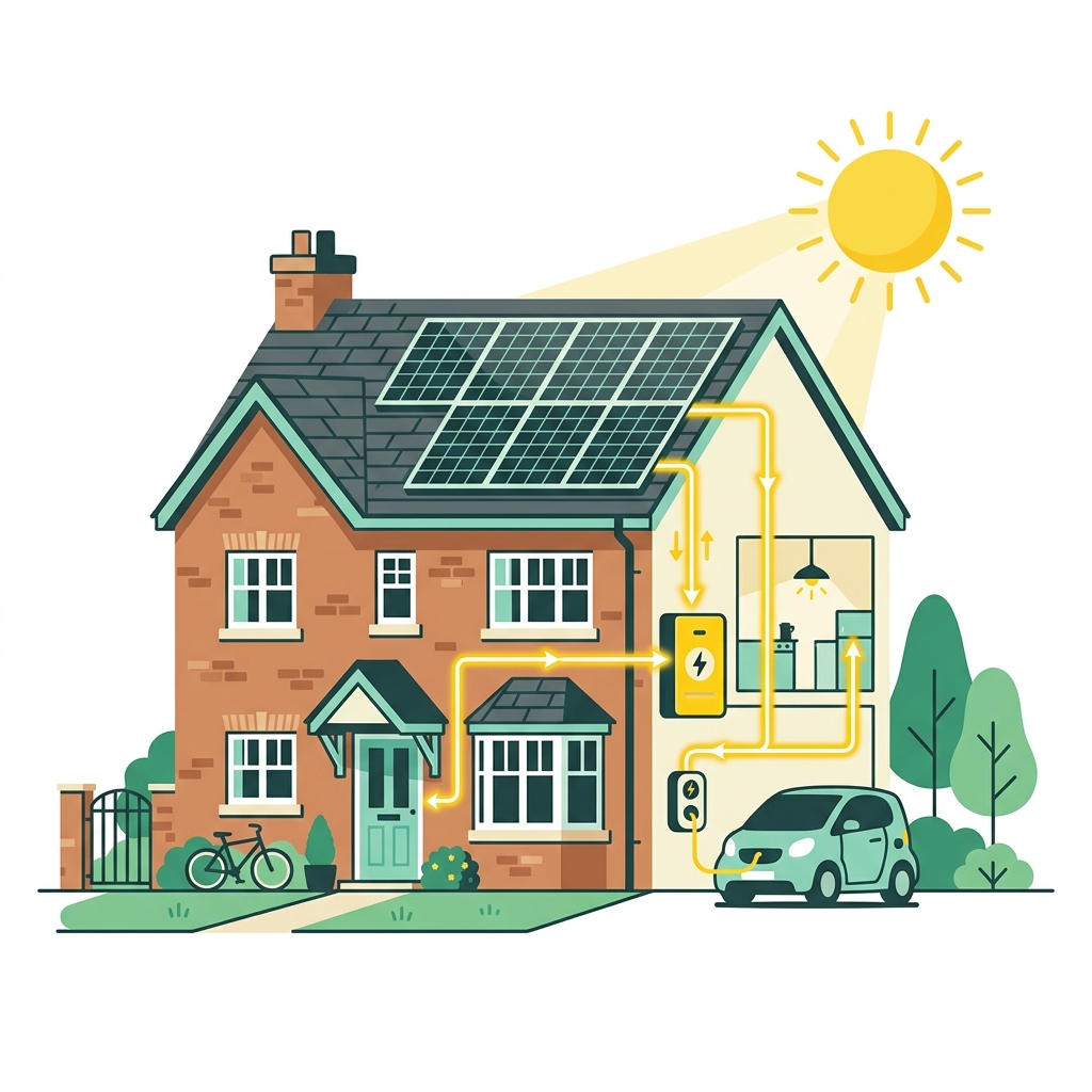 Illustration of rooftop solar panels, battery storage, and sunshine