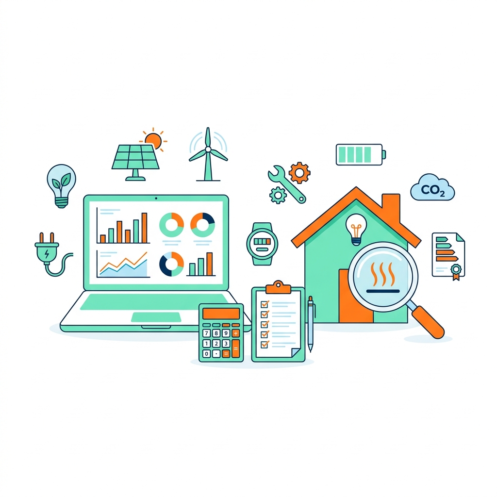 Illustration of an energy tools dashboard with laptop and calculators